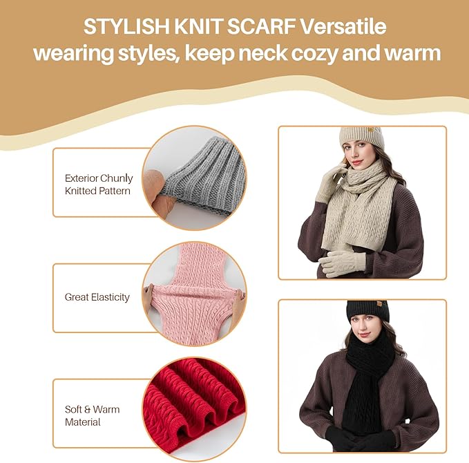 Winter Hat Beanie Long Scarf Touchscreen Gloves Set, 3Pcs Soft Thick Fleece Lined Gloves Skull Cap Scarf Set for Women Men