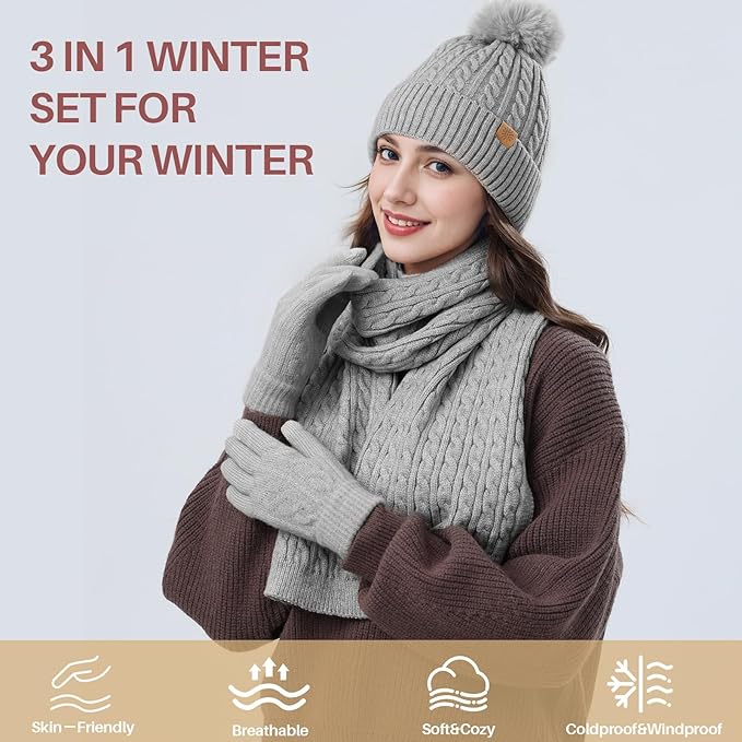 Winter Hat Beanie Long Scarf Touchscreen Gloves Set, 3Pcs Soft Thick Fleece Lined Gloves Skull Cap Scarf Set for Women Men