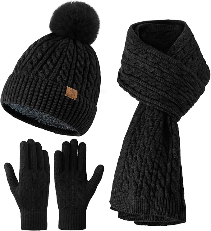 Winter Hat Beanie Long Scarf Touchscreen Gloves Set, 3Pcs Soft Thick Fleece Lined Gloves Skull Cap Scarf Set for Women Men