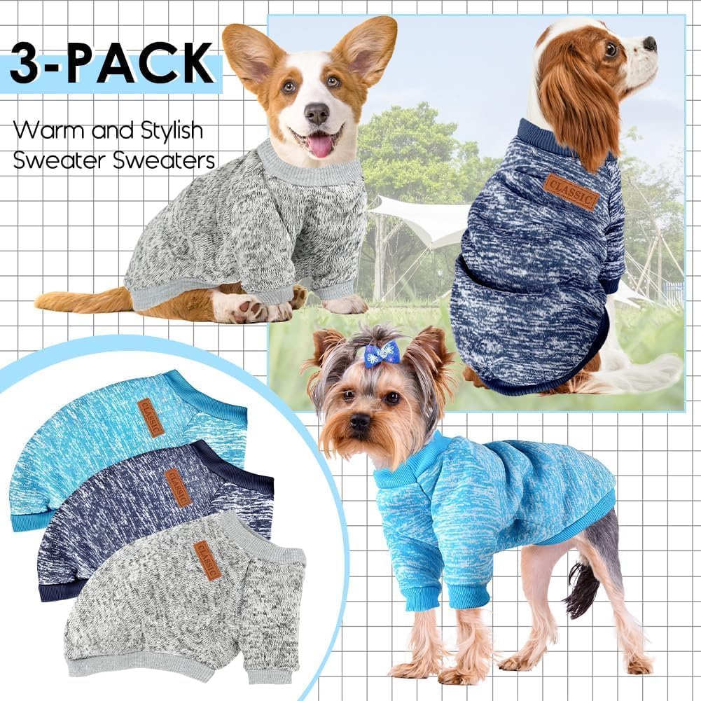 3 Pack Dog Sweaters for Small Dogs Girl Boy Winter Fleece Clothes Warm Soft Dog Sweatshirt Outfit for Dogs Cats Pet Apparel (Navy Blue+Grey+Light Blue, Small)