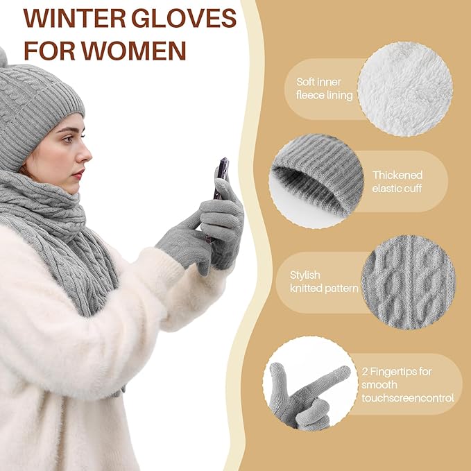 Winter Hat Beanie Long Scarf Touchscreen Gloves Set, 3Pcs Soft Thick Fleece Lined Gloves Skull Cap Scarf Set for Women Men