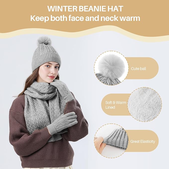 Winter Hat Beanie Long Scarf Touchscreen Gloves Set, 3Pcs Soft Thick Fleece Lined Gloves Skull Cap Scarf Set for Women Men
