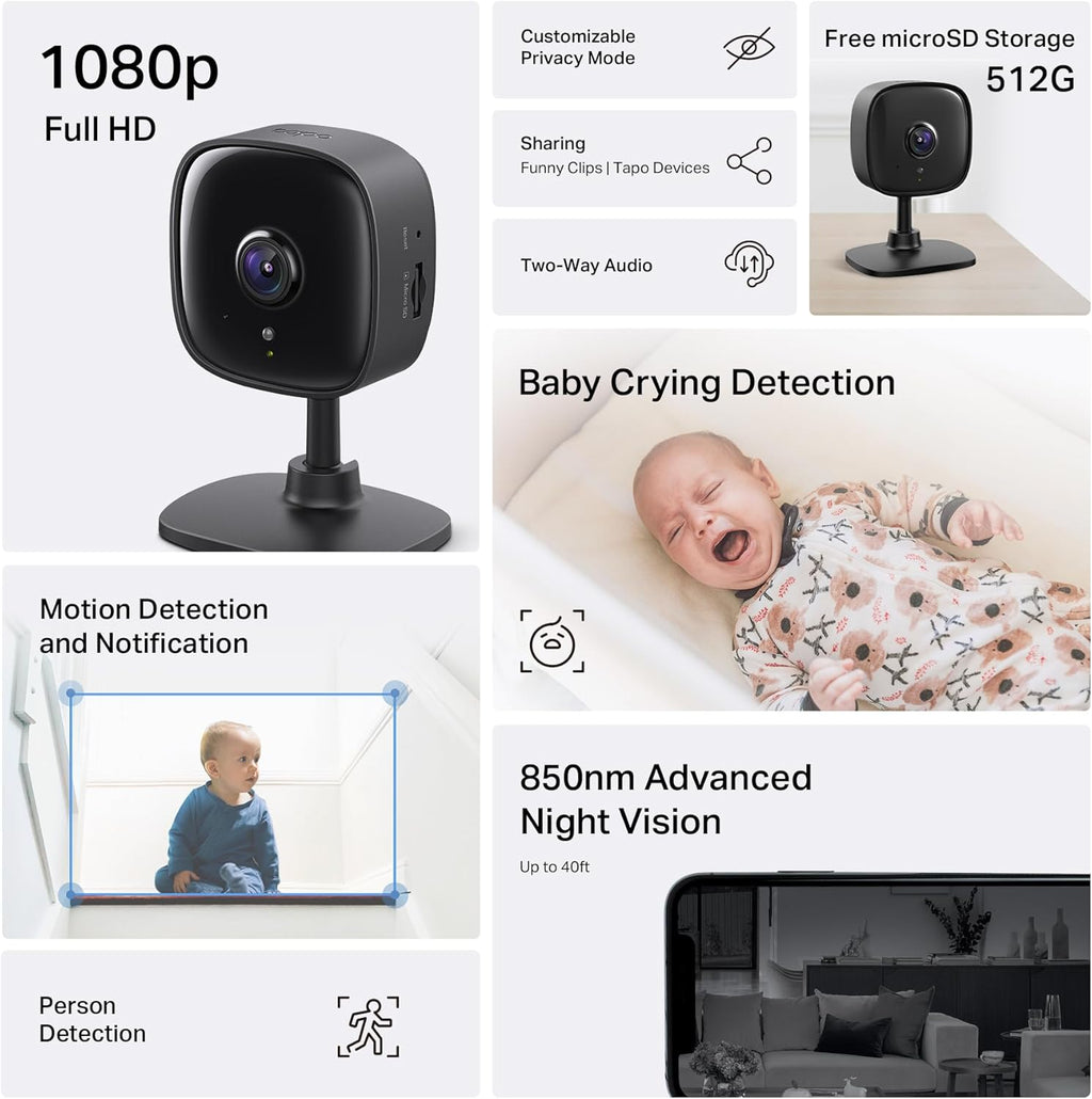 1080P Indoor Security Camera for Baby Monitor, Pet Camera w/Motion Detection, 2-Way Audio, Night Vision, Cloud & SD Card Storage, Works w/Alexa & Google Home, Plug-in, C101