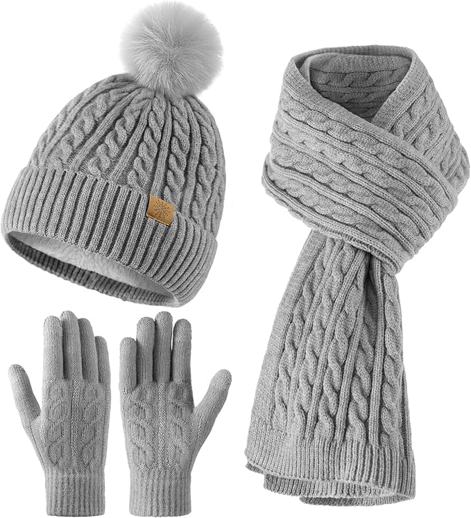 Winter Hat Beanie Long Scarf Touchscreen Gloves Set, 3Pcs Soft Thick Fleece Lined Gloves Skull Cap Scarf Set for Women Men