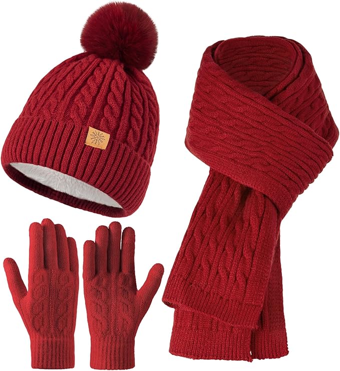 Winter Hat Beanie Long Scarf Touchscreen Gloves Set, 3Pcs Soft Thick Fleece Lined Gloves Skull Cap Scarf Set for Women Men