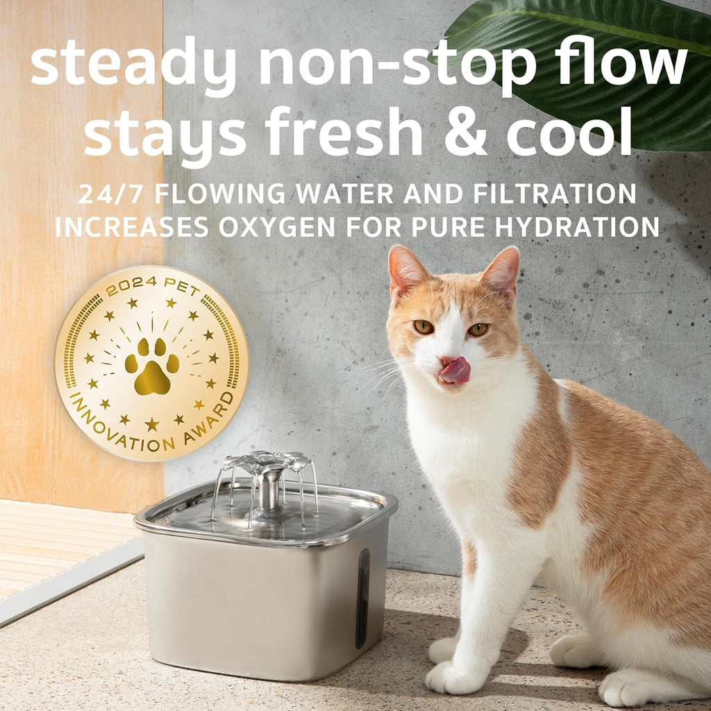 Innovation Award Winner Stainless Steel Cat Water Fountain, Automatic Pet Fountain Dog Water Dispenser with Replacement Filters & Silicone Mat for Cats, Dogs, Multiple Pets (Silver)
