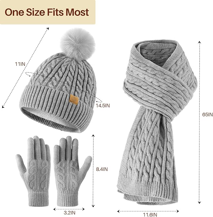 Winter Hat Beanie Long Scarf Touchscreen Gloves Set, 3Pcs Soft Thick Fleece Lined Gloves Skull Cap Scarf Set for Women Men