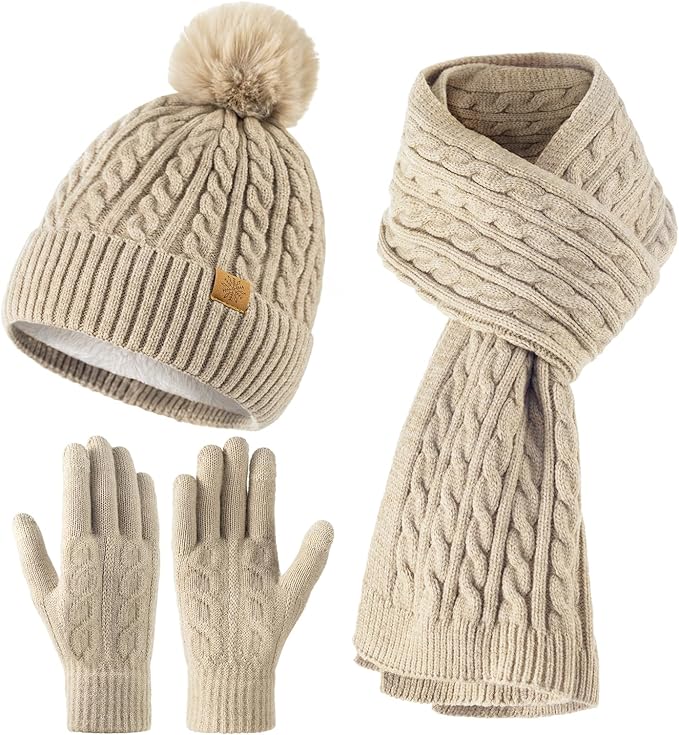 Winter Hat Beanie Long Scarf Touchscreen Gloves Set, 3Pcs Soft Thick Fleece Lined Gloves Skull Cap Scarf Set for Women Men