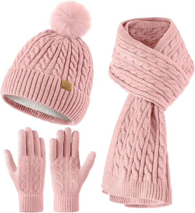 Winter Hat Beanie Long Scarf Touchscreen Gloves Set, 3Pcs Soft Thick Fleece Lined Gloves Skull Cap Scarf Set for Women Men