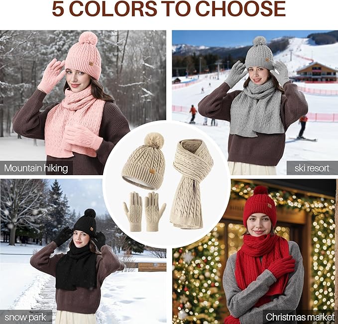 Winter Hat Beanie Long Scarf Touchscreen Gloves Set, 3Pcs Soft Thick Fleece Lined Gloves Skull Cap Scarf Set for Women Men